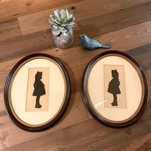 Antique 1934 pair of framed mirror image Silhouettes of girl by Gene Ross